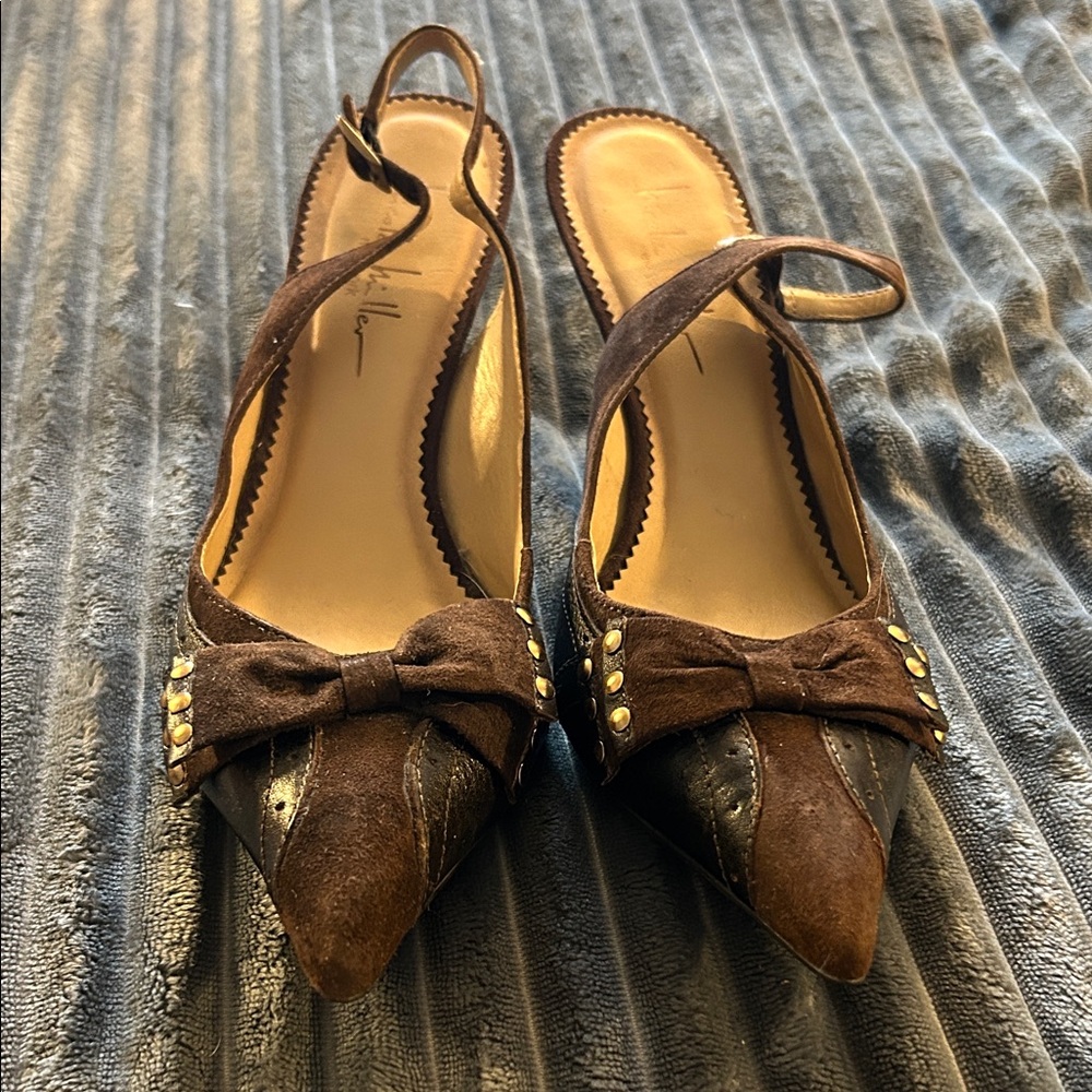 Chic Brown Slingback Heels with Bow and Gold Studs